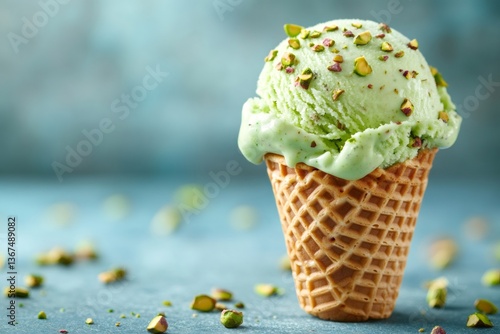 Delicious pistachio ice cream melting in waffle cone on blue background