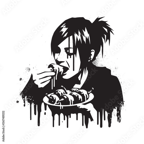 Graphic stencil illustration of a person devouring stuffed peppers with grunge textures