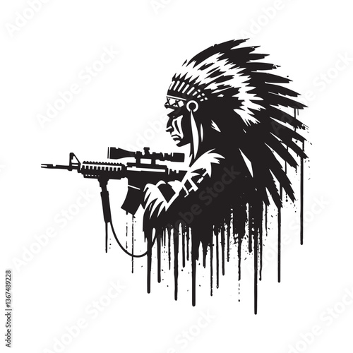 Gritty Apache warrior silhouette with assault rifle in grunge stencil style