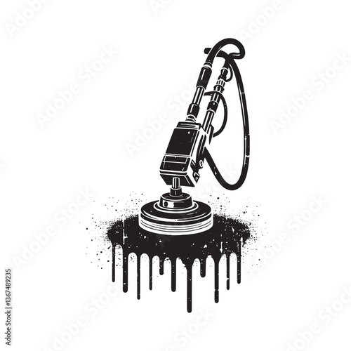 Gritty monochrome illustration of a floor polisher with abstract splash effect