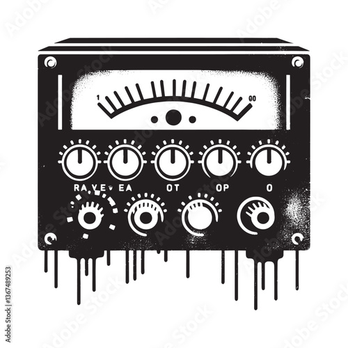 Grunge Analog Amplifier Stencil with Dripping Paint, Vintage Audio Equipment Style