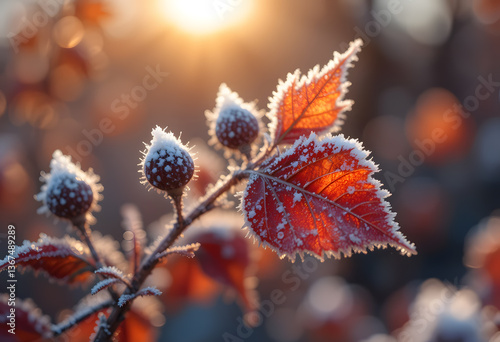 Frosted Autumn Leaves with Ice Crystals (Macro Photography)