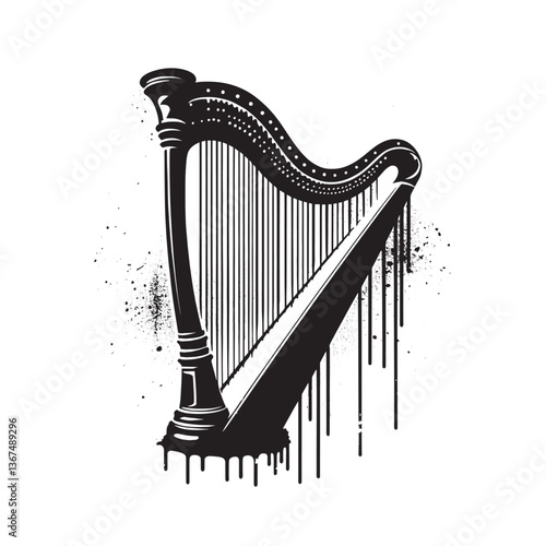 Grunge Style Aeolian Harp Illustration with Drip and Spray Paint Effects