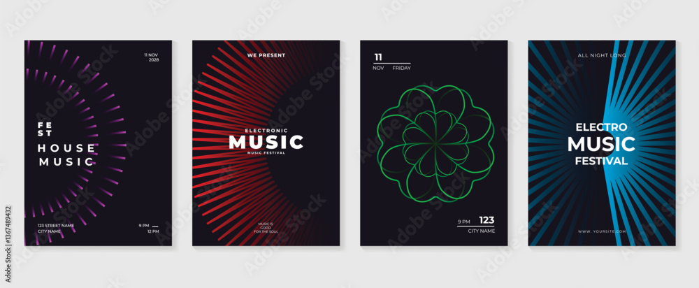 Fototapeta premium Music poster design background vector set. Electro Sound Cover template with vibrant abstract gradient geometric shape. Ideal design for social media, flyer, party, music festival, club.