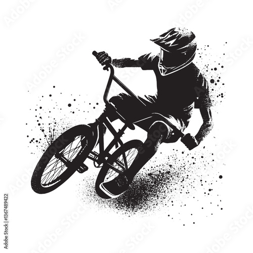 Grungy BMX rider silhouette performing a daring stunt illustration