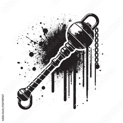 Grunge Style Medieval Flail Depiction with Black Ink Splatter on White Backdrop