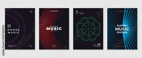Music poster design background vector set. Electro Sound Cover template with vibrant abstract gradient geometric shape. Ideal design for social media, flyer, party, music festival, club.
