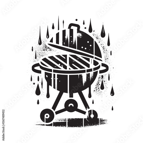 Grungy BBQ Grill Stencil Illustration with Dripping Spray and Flat Design