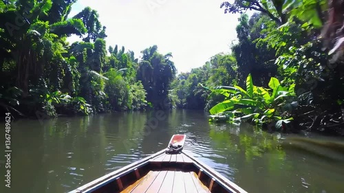 Tranquil jungle riverboat journey through lush tropical scenery