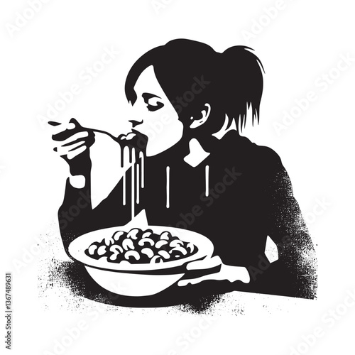Monochromatic stencil portrait of a person enjoying gnocchi meal