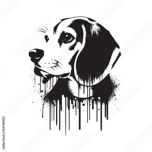 Monochrome beagle dog portrait in stencil art style with dripping paint effect