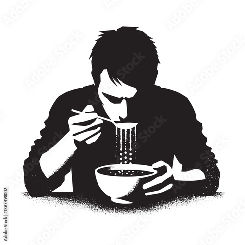Monochrome image of person consuming soup with abstract and grunge design