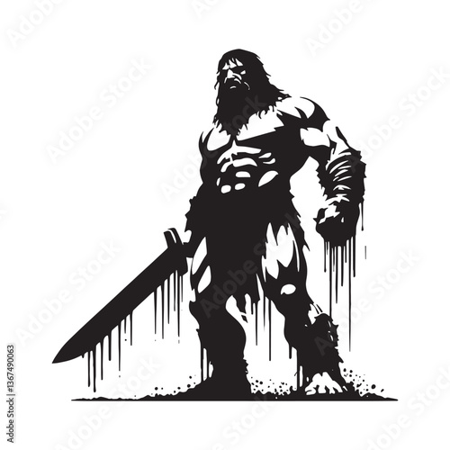 Monumental Warrior Silhouette in Dripping Spray Paint Stencil Style Illustration