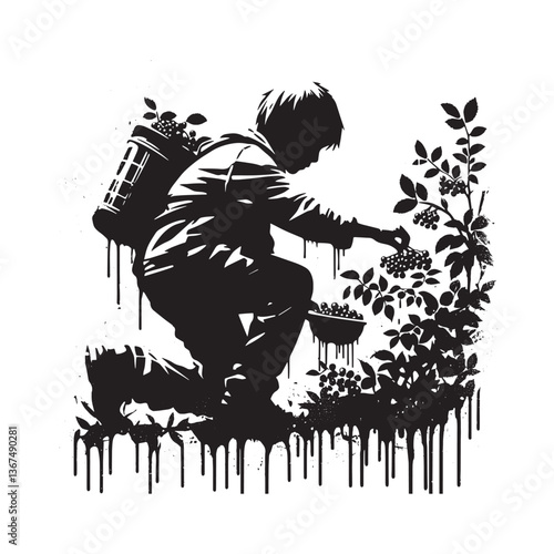 Silhouette of a child picking berries in a grunge style urban artwork design