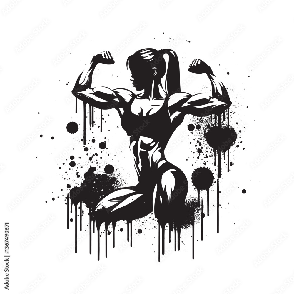 Strong Woman Bodybuilding Silhouette with Abstract Grunge Spray Paint Design Strong Woman Bodybuilding Silhouette with Abstract Grunge Spray Paint Design