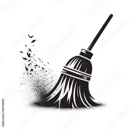 Stylized Broom Sweeping Dust Trail Forming Silhouette of Birds in Flight