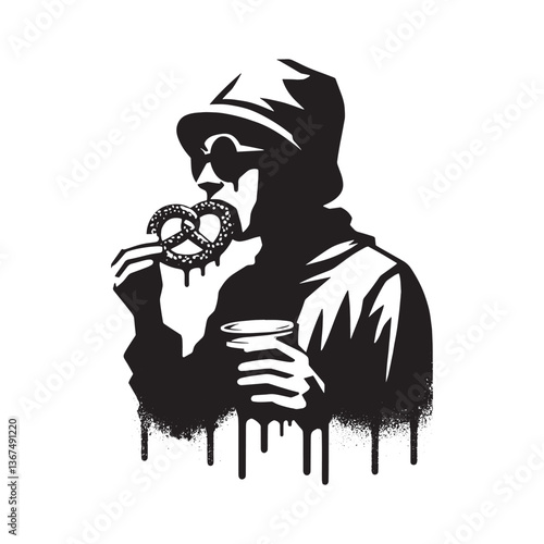 Stylized stencil of a person indulging in a pretzel treat with beverage cup