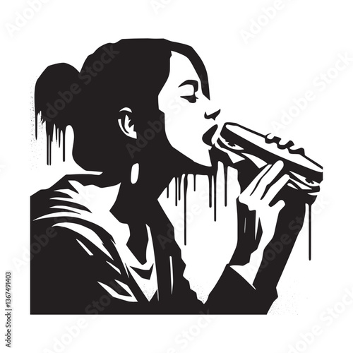 Woman passionately consumes a sandwich in bold black and white stenciled expression