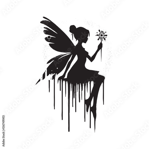 Whimsical fairy stencil with dripping ink effect for fantasy creations