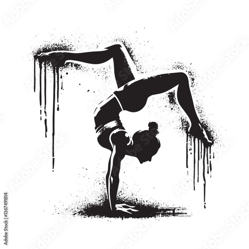 Acrobatic female silhouette in a handstand pose with grunge and splatter effects