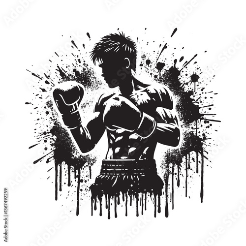 Dynamic kickboxing silhouette with grunge spray effect emphasizing motion and power