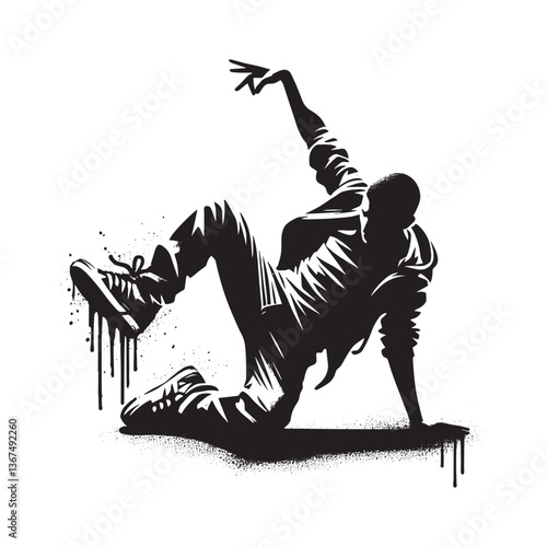 Dynamic silhouette of a breakdancer in action with grunge and stencil style