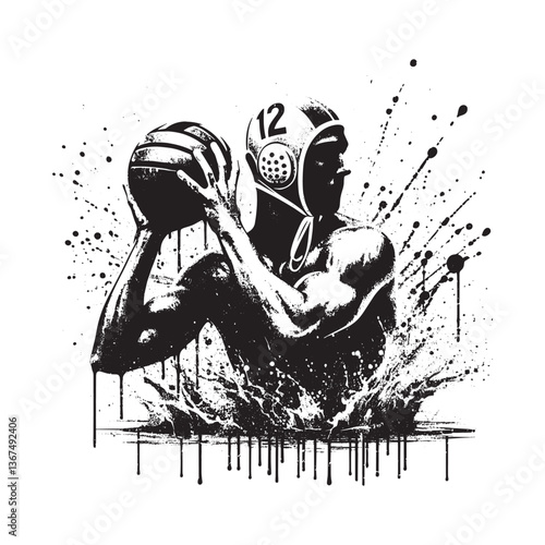 Dynamic Water Polo Athlete Illustration with Grunge Splash Effects and Stencil Style