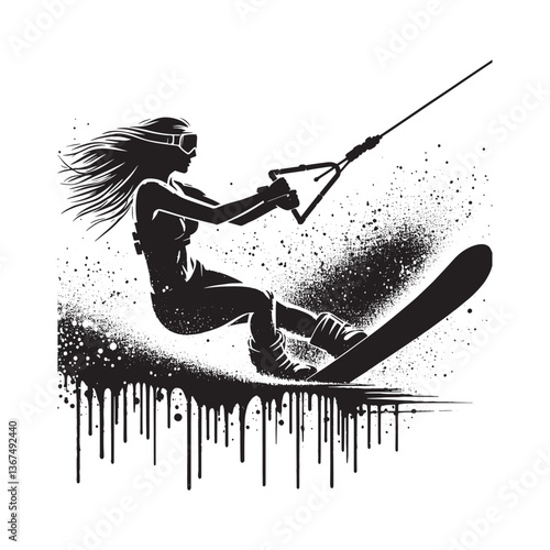 Dynamic waterskiing athlete silhouette with bold splatter paint effect design