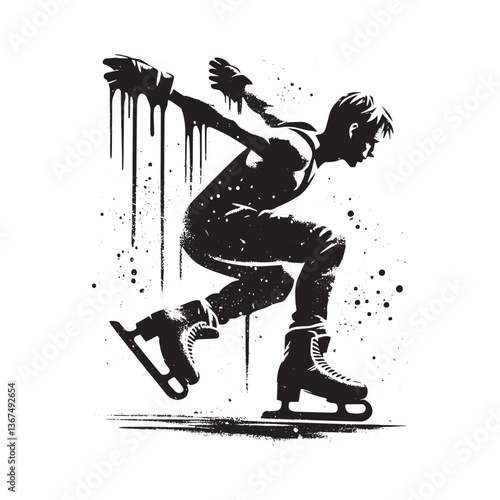 Dynamic Ice Skating Athlete in Grungy Stencil Art Illustration