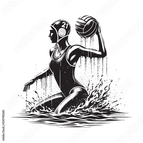 Dynamic stencil illustration of a female water polo athlete in action