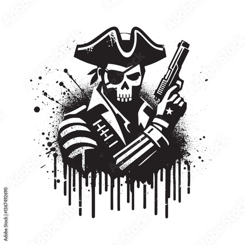 Gritty Pirate Skull Stencil with Gun, Modern Grunge Style Illustration