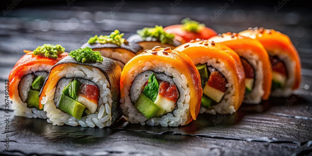 Delicious Sushi Rolls Close-Up on Dark Stone Board - Gourmet Japanese Cuisine Delicious Sushi Rolls Close-Up on Dark Stone Board - Gourmet Japanese Cuisine