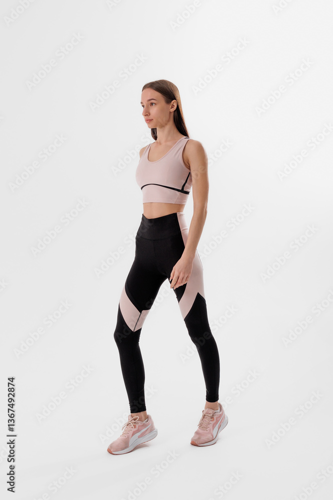 Young woman showcasing activewear in a modern studio, posing confidently during a fitness shoot with a clean background Young woman showcasing activewear in a modern studio, posing confidently during a fitness shoot with a clean background