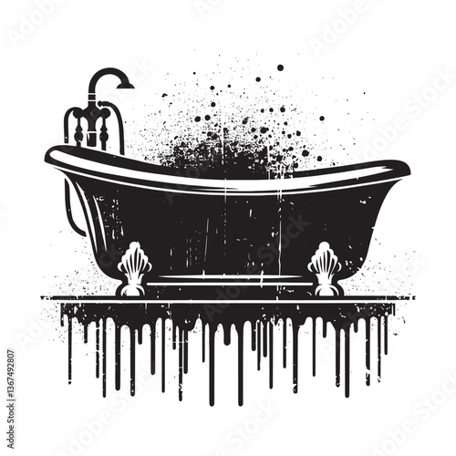 Grunge Style Freestanding Tub Illustration with Drips and Splatter Effects