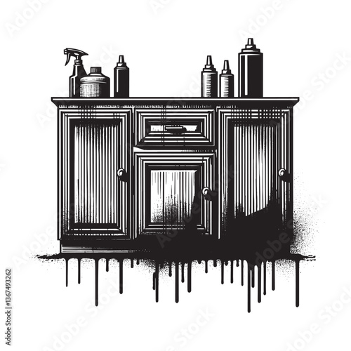 Monochrome Cabinet with Aged Stencil Effect, Dripping Paint Design