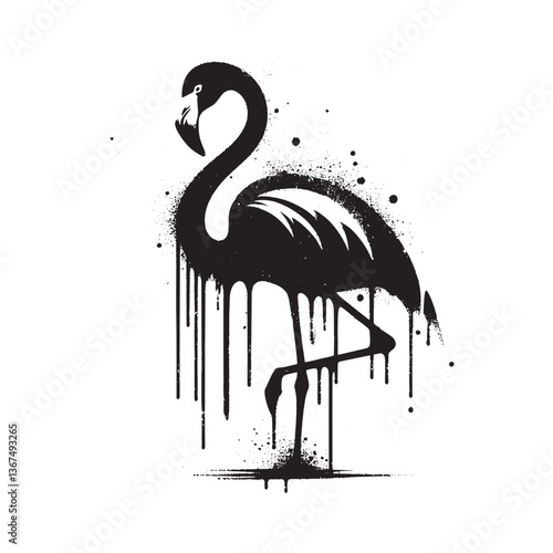 Monochrome flamingo art with dripping paint effect and abstract grunge style
