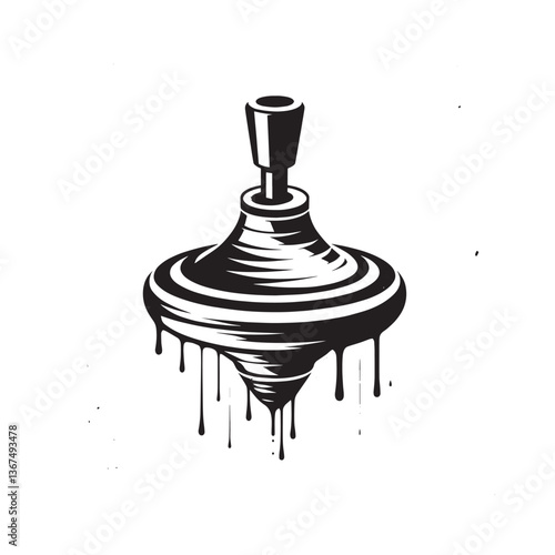 Monochrome illustration of a spinning top with stylized drip accents