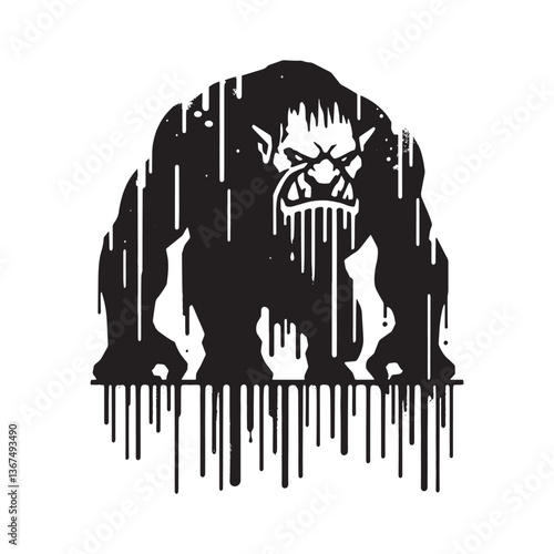 Monochrome ogre figure, graphic design with rough texture and spray paint drips