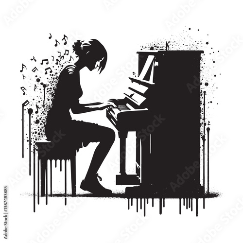Monochrome silhouette of a woman playing piano with musical notes spray paint