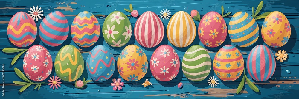 Vibrant Hand-Painted Easter Eggs with Unique Artistic Patterns Colorful Designs Arranged on Rustic Blue Wooden Surface with Festive Spring Elements for a Cheerful and Joyful Easter Holiday Celebration Vibrant Hand-Painted Easter Eggs with Unique Artistic Patterns Colorful Designs Arranged on Rustic Blue Wooden Surface with Festive Spring Elements for a Cheerful and Joyful Easter Holiday Celebration