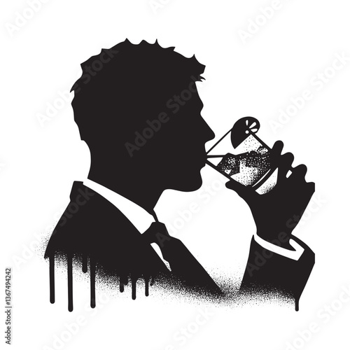 Silhouette of a suited person enjoying a gin and tonic in a stylized grunge design