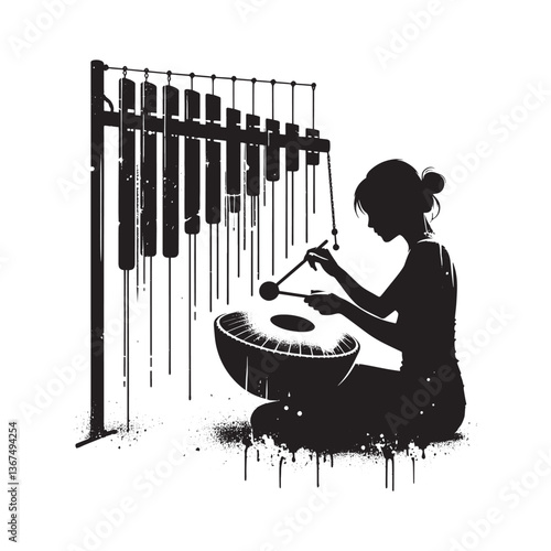 Silhouette of a woman playing hang drum in stencil and grunge art style