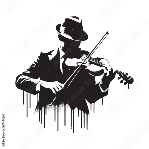 Silhouette of a violinist with hat, rendered in stencil art style with drip effects