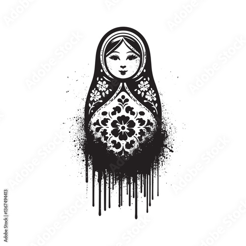 Stylized babushka doll illustration with grunge effect and floral ornaments