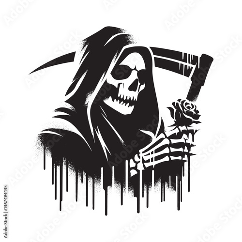Stylish grim reaper in stencil art, with a rose, in dripping spray art style
