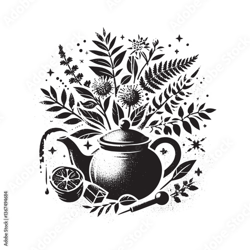 Stylized Herbal Tea Still Life with Teapot and Botanical Elements