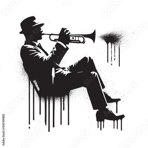 Silhouetted Trumpeter in Grunge Style Art Performing Melancholy Music