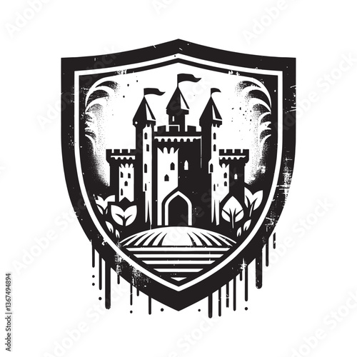 Stylized Medieval Castle on Pavise Shield in Black and White with Grunge Edges