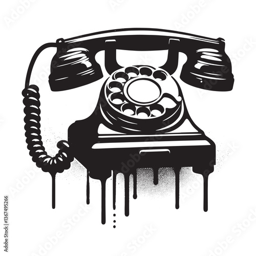 Vintage rotary telephone illustration with grunge drips and stencil effect