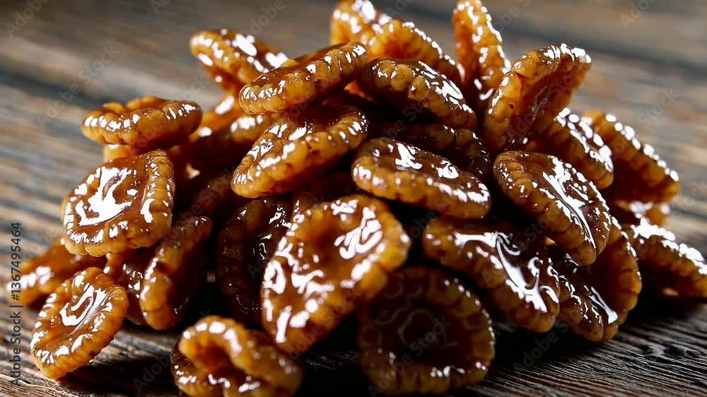 Glazed pecans moving on rustic wooden surface: a tempting culinary journey Glazed pecans moving on rustic wooden surface: a tempting culinary journey